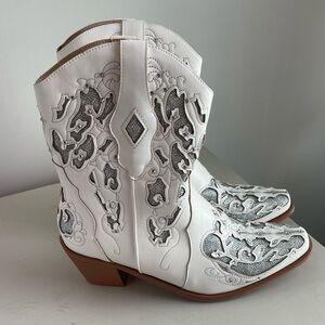 White Rhinestone Western Booties